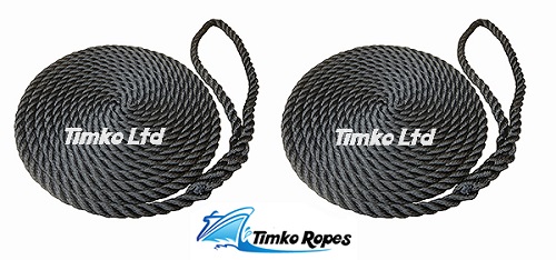 Pair Of 14mm Black Boat Mooring Ropes x 15mtrs
