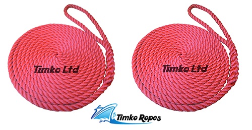 Pair Of 16mm Red Boat Mooring Ropes x 6mtrs