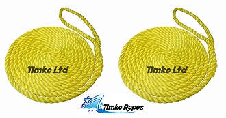 Pair Of 12mm Yellow Boat Mooring Ropes x 6mtrs